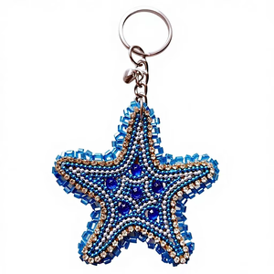 KANT K Blue Starfish Seed Beads Keychain Ocean Theme <b>Bag</b> <b>Charm</b> Handmade Durable Keyring - Product Image 1