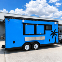 Remorque de cuisine mobile sur mesure sur le thème tropical pour festivals, plage, événements : glaces, snacks, burgers, poulet frit, tacos, fruits de mer