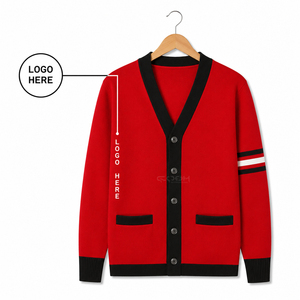 Cardigan en acrylique personnalisé avec logo Cosh International, tricoté pour les sororités, pull rouge avec bordure noire et rayures blanches - Product Image 1