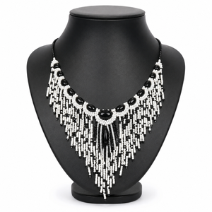 Handmade Black White Beaded Fringe <b>Statement</b> <b>Necklace</b> with Seed Beads Resin Cabochons Adjustable Chain for Women Emotion Party - Product Image 1