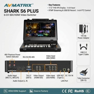 AVMATRIX SHARK S6 PLUS: Mezclador de Video de 6 Canales 3G-SDI/4K HDMI con Monitor, Transmisión RTMP, Grabación SD/USB, Control PTZ de 6 Canales - Product Image 1