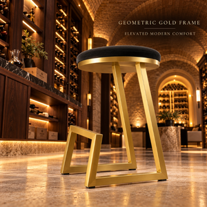 Tabouret de bar géométrique noir et or de qualité supérieure |   Siège rond rembourré avec structure métallique angulaire et base ouverte, mobilier de comptoir moderne - Product Image 3