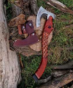 Wholesale Handmade Custom Premium High Carbon Steel Viking <b>Axe</b> with Hand Carved <b>Wooden</b> Handle Leather Grip Fine Leather Sheath - Product Image 4