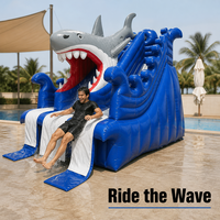 Structure gonflable multifonctionnelle en PVC pour usage domestique et extérieur, avec toboggan, piscine à balles et motif requin, installation facile, idéale pour garderies et zones résidentielles