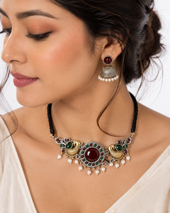 Women's Antique Oxidized Brass Two-Tone Gold Plated Bezel Setting Onyx Animal Motif Bohemian Style Wedding Choker Necklace <b>Rope</b> - Product Image 2