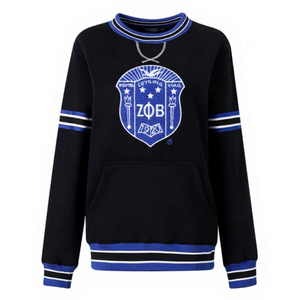 เสื้อสเวตเชิ้ตคอกลมถักลายทางแขนเสื้อ พร้อมป้ายเชนิลล์ Zeta Phi Beta Z Phi B ของชมรมนักศึกษากรีกแบบกำหนดเอง สำหรับใส่ในฤดูหนาว - Product Image 1