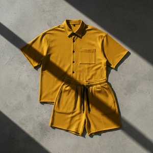 Ensemble deux pièces léger personnalisé pour l'été : chemise à manches courtes avec col zippé et passepoil contrastant et short – Survêtement streetwear - Product Image 6