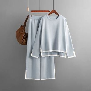 Casual Fitting Knit Women Sweater Suit Set Lightweight Knitted Pleated 100% Cotton Long Sleeve Crew Neck Pullover - Product Image 1