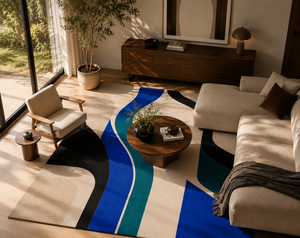 Tapis moderne abstrait en laine tuftée à la main avec envers en coton, luxueux bleu, noir, beige, tapis contemporain sur mesure - Product Image 4