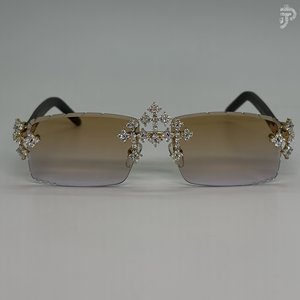 Luxuriöse Runde Kreuz-Brille Rhodium-Plattierte Sonnenbrille Iced Out Kristall-Kreuz-Design-Rahmen Verlaufsglas Holzgläser Modische Brillen - Product Image 1