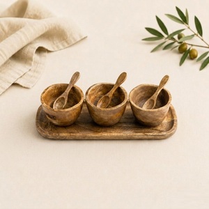 Handcrafted 7 Piece Natural Mango Wood Condiment Set 3 Mini <b>Spice</b> Bowls with Wooden Spoons and Serving <b>Tray</b> for Salt Pepper - Product Image 4