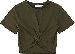 Haut court à manches courtes vert olive pour femme, col rond, couleur unie, décontracté, été, 100 % coton, 2 pièces, vente en gros, coupe classique - Product Image 2