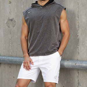 Débardeur à capuche pour homme, coupe ample, style vintage américain, en tissu épais, avec logo personnalisé, effet vieilli et détails patchwork - Product Image 3