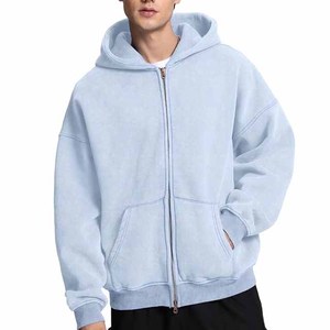 Sweat à capuche vintage bleu ciel, brodé, entièrement zippé, coupe oversize, délavé à l'acide, 100% coton mélangé, épaules tombantes - Product Image 1