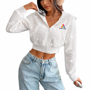 Women’s <b>Sparkly</b> Cropped Hoodies <b>Jacket</b> | All Over Rhinestone Zip Up Top Casual Autumn Knitted Pullover Wholesale Apparel Supplie - Product Image 1