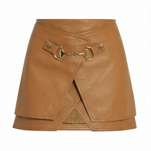 Women High Waist Leather <b>Wrap</b> Mini <b>Skirt</b> With Belt Buckle Design Solid Color All Seasons Style - Product Image 1