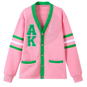 Cardigan rose de la collection Sorority, logo AKA avec lettres grecques, rayures vertes et blanches, col en V, pull pour femme, tricoté en acrylique, manches longues - Product Image 1
