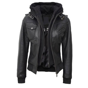 Premium Genuine Black Leather Hooded <b>Jacket</b> Women Detachable Fleece Hoodie Windproof Warm Winter Motorcycle Bomber - Product Image 3