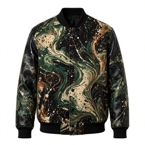 Chaqueta Varsity con Estampado por Sublimación, Mangas de Cuero Negro y Cierre de Botones a Presión para Ropa de Calle Masculina - Product Image 1