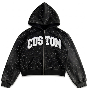 Custom Printed Dot Pattern <b>Zip</b>-Up <b>Hoodie</b> Men's Streetwear Oversized Fit <b>Black</b> with White Logo Front Pocket Knitted Polyester - Product Image 1