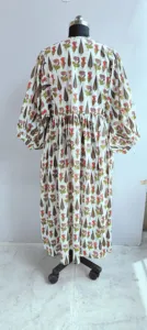 Boho Chic <b>White</b> Hand Block Floral Print Loose Cotton Midi Dress With Tie-Neck Short Sleeve Casual Dress For Women - Product Image 2
