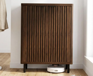 Meuble de rangement à chaussures moderne en bois cannelé avec portes à lattes, organisateur d'entrée et de couloir, fabricant de meubles autoportants - Product Image 6
