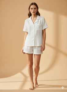 Conjunto de Pijama para Mujer, 2 Piezas, Cuello Camisero, Top Corto, 100% Algodón, Transpirable, Suave, Lujoso, Casual, Elegante, Liso - Product Image 2