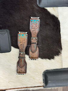 สายนาฬิกาหนังแท้ลายดอกไม้ตะวันตกทำด้วยมือสายหนังแท้สีเทอร์ควอยซ์สวยงามดีไซน์ตามสั่ง - Product Image 5