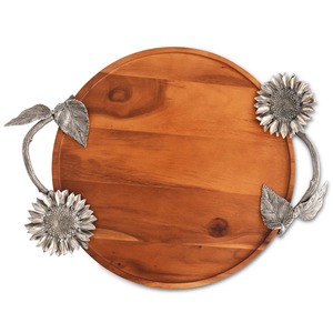Plateau de service rond en bois avec poignée motif tournesol, idéal pour table basse, pour rehausser la décoration du salon, provenance Inde - Product Image 3