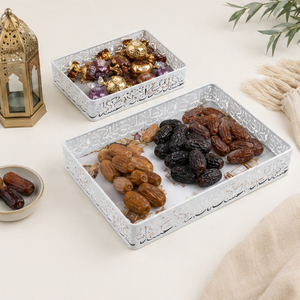 Ramadan Serving Tray <b>Set</b> of <b>2</b> <b>White</b> Metal Laser Cut Eid Mubarak Dessert Platter Wholesale Islamic Ramadan Kareem Party Table - Product Image 6
