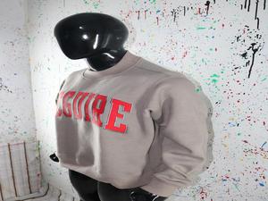MCGUIRE Warm Gray <b>Mock</b> <b>Neck</b> Sweatshirt 100% RED Applique Embroidery wide <b>neck</b> Sweatshirt Finer Threads - Product Image 3