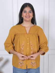 Blusa Casual de Diseño para Mujer, Color Amarillo Mostaza, Bordada, con Botones Delanteros, Estampado Floral, Corte Holgado, 100% Algodón, Detalle de Manga Elegante - Product Image 5