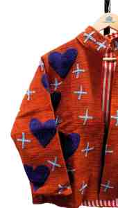 Chaqueta Bomber Unisex de Algodón Color Naranja Quemado, Bordado a Mano con Aplique de Corazón Morado, Cuello Alto Floral, Estilo Boho Tejido, para Verano - Product Image 2