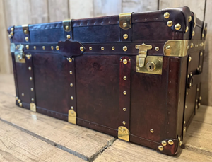 Vintage Leather Wooden Storage Trunk Antique Travel Chest <b>Coffee</b> <b>Table</b> <b>Box</b> with Brass Locks and Metal Studs Furniture - Product Image 2