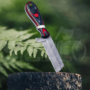 Cuchillo de caza y camping de hoja fija de acero de Damasco hecho a mano, estilo vaquero personalizado, con funda de cuero. - Product Image 4