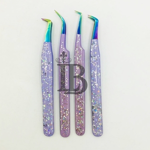 <b>Top</b> Trend Sustainable Stainless Steel Eyelash Extensions Tweezers Purple Glitter Tweezers 45 Degree Curved Eyelash Tweezers - Product Image 5