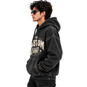 <b>Men's</b> Solid <b>Grey</b> Hoodie French Terry Pullover <b>Sweatshirt</b> with Kangaroo Pocket Casual Long Sleeve Top - Product Image 4
