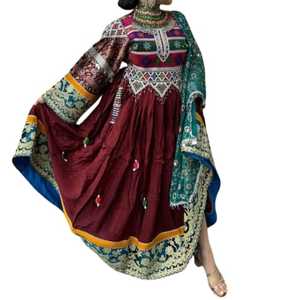 Vestido Largo Tradicional Tribal Afgano Kuchi Hecho a Mano con Bordado, Cremalleras y Botones, Estilo Vintage para Mujer, Cintura Natural, Floral/Color Liso - Product Image 1