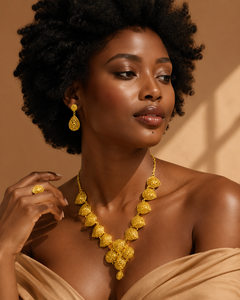 Luxury 24K Gold Plated Floral Bead Necklace Set for Women African Dubai Style Jewelry Set with Earrings & Ring - Product Image 3