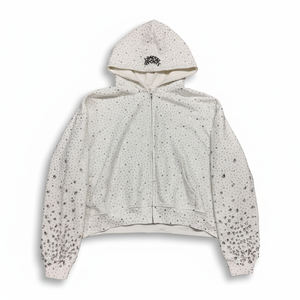 Sudadera con capucha y cremallera en blanco y negro de calidad premium para hombre, con pedrería personalizada, informal, 100% algodón, forro polar, 450 g/m² - Product Image 2