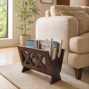 Porte-revues en bois massif artisanal, organiseur de journaux et de livres autoportant écologique pour le rangement à la maison, au bureau ou dans le salon - Product Image 2