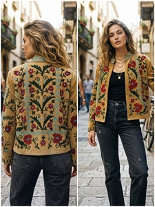 Manteau court en velours floral brodé à la main pour femme, col mandarin, manches longues, style bohème, printemps, automne, hiver, vêtements d'extérieur en coton - Product Image 5