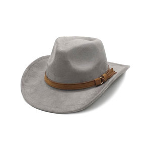 Sombrero de Vaquero de Fieltro Gris sin Tejer con Banda de Cuero Marrón, Sombrero de Ala Ancha Estilo Occidental para Hombres y Mujeres - Product Image 1