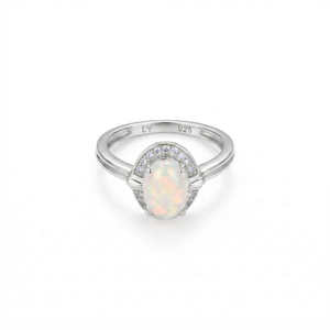 Unisex 925 Silver Oval <b>Opal</b> <b>Ring</b> with Round Brilliant Cut Pave White Zircon Halo Prong Setting Classic Engagement Wedding Band - Product Image 2