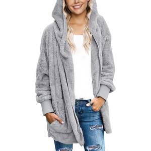 2025 <b>Women's</b> Open Front Fuzzy <b>Fleece</b> <b>Cardigan</b> Jacket Coat Outwear with Pockets and Hood - Product Image 2