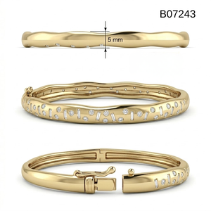 Yellow Gold Diamond Bangle Bracelet Round Brilliant Cut Natural Stones Classic Style Women's Everyday Wear Jewelry - Product Image 5