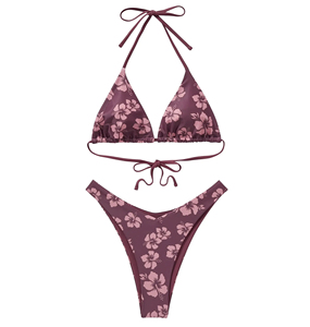 Women Floral Print <b>Bikini</b> <b>Set</b> <b>Purple</b> Tie Side Halter Top Drawstring Bottoms Two Piece Swimwear Spandex/Polyester Eco-Friendly - Product Image 6