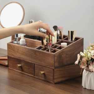 Organizador de Maquillaje Moderno de Madera de Lujo, 4 Niveles, Caja de Almacenamiento de Cosméticos Resistente, Soporte para Brochas, Lápices Labiales, Botellas de Productos para el Cuidado de la Piel - Product Image 1