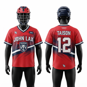 Maillot de lacrosse en polyester interlock 160 GSM de qualité supérieure pour homme, manches courtes, maille respirante, rouge, bleu marine, blanc, personnalisable par transfert thermique pour équipe - Product Image 1