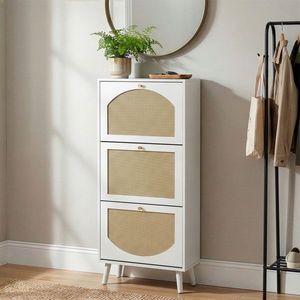 Zapatero blanco de 3 niveles con frente de ratán 54*24*135 cm Aglomerado 54*24*135 cm Blanco - Product Image 1